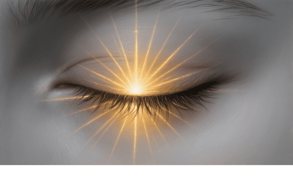 Gesloten oog met stralend licht – symbool voor innerlijk licht en schaduwwerk