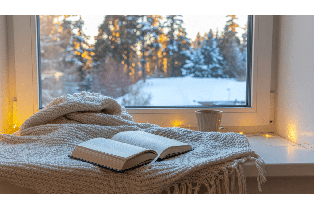 Boek op een zachte plaid bij een raam met winterlicht, symbool voor rust en emotionele veiligheid.